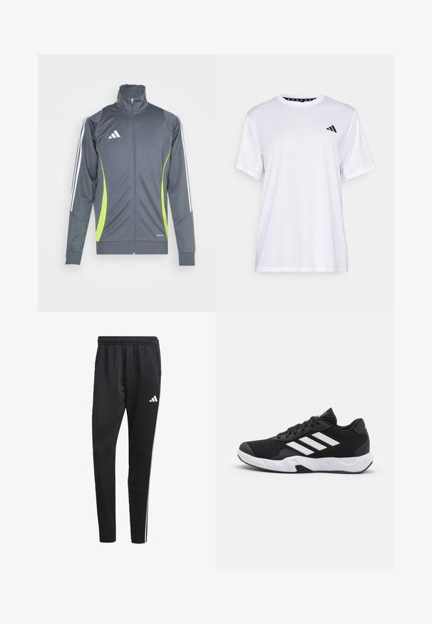 Szürke sportos dzseki magas gallérral, fehér csíkkal az ujjakon és lime-zöld díszítéssel. Simító, rugalmas anyagból készült.; Fehér sportpóló rövid ujjal, nedvességelvezető anyagból készült. A bal mellrészen fekete logó található, és a nyak belső része mintás.; Fekete sportnadrág rugalmas derékkal, fehér oldalsávokkal és egy kis fehér logóval a combon. Simaságáért és könnyű anyagáért kedvelt.; Fekete sportcipők, textúrált hálós felsőrésszel, fehér díszcsíkokkal, párnázott talppal és megerősített sarokkal a stabilitás érdekében.