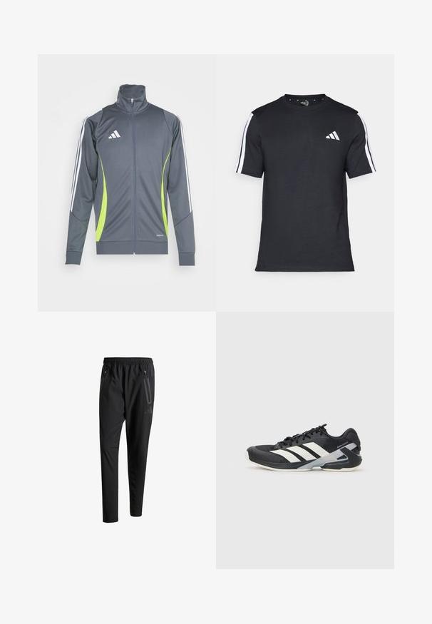 Gray athletic jacket with a high collar, white stripes on sleeves, and lime green accents. Made from smooth, elastic fabric.; Black T-shirt made of cotton with short sleeves, featuring white stripes on the shoulders and a white logo on the left chest.; Black athletic pants with an elastic waistband, two zippered side pockets, tapered legs, and a subtle logo detail on the hip.; Black athletic shoe with white stripes, mesh upper, rounded toe, and cushioned sole. Features a textured heel and secure lacing system.