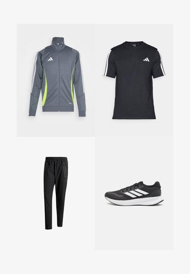Grå treningsjakke med høy krage, hvite striper på ermene og limegrønne detaljer. Laget av glatt, elastisk stoff.; Svart T-skjorte laget av bomull med korte ermer, med hvite striper på skuldrene og en hvit logo på venstre bryst.; Svarte treningsbukser med elastisk liv, to glidelåslommer på sidene, avsmalnende ben og en subtil logo detalj ved hoften.; Svarte sportsko med pustende mesh-overdel, hvite detaljer og en polstret såle. Har tre striper-logo på siden.