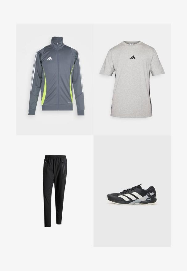 Jachetă sport gri cu un guler înalt, dungi albe pe mâneci și accente verde lime. Fabricată dintr-un material neted și elastic.; Tricou scurt cu mânecă gri, din bumbac, având un logo Adidas negru pe piept și accente laterale negre. Design cu guler rotund.; Pantaloni atletici negri cu talie elastică, două buzunare laterale cu fermoar, picioare conice și un detaliu logo discret pe șold.; Pantofii sport negri cu dungi albe, superior din plasă, vârf rotunjit și talpă îmbunătățită pentru amortizare. Au o călcătură texturată și un sistem de șireturi securizat.