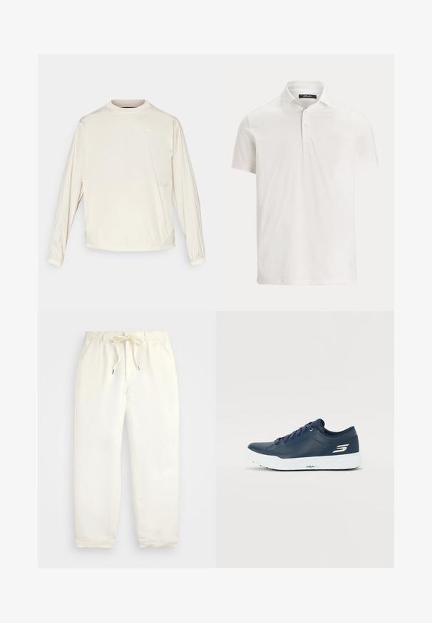 Šviesiai smėlinis ilgomis rankovėmis megztinis su apvalia iškirpte, elastingomis rankogaliais ir šoninėmis kišenėmis. Savybė - minimalistinis logotipo detalė ant krūtinės.; Vyriški balti trumpomis rankovėmis polo marškinėliai su apykakle, dviem mygtukais ir subtilia logotipo etikete ant vidinės apykaklės.; Šviesiai kreminės spalvos, laisvalaikio kelnės iš minkštos medžiagos. Turi elastinį juosmenį su raišteliais ir siaurėjantį kojų dizainą.; Tamsiai mėlyni sportbačiai su lygiu sintetiniu viršumi, paminkštintu užkulniu ir baltu padu. Šone yra logotipas, o lygūs raišteliai užtikrina tvirtą prigludimą.