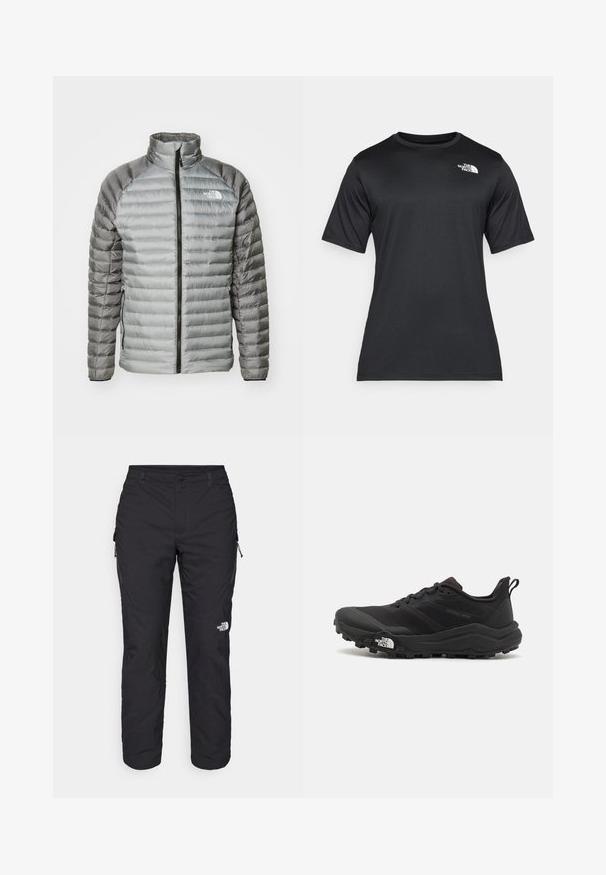 Padded jacket in gray, featuring a high collar, full zipper, and a mix of smooth and quilted textures. Logo on the upper left chest.; Black short-sleeve t-shirt made of lightweight, moisture-wicking fabric. Features a white logo on the left chest and a crew neckline.; The North Face WINTER EXPLORATION TAPERED CARGO - Outdoor trousers - black; Black trail running shoe with a textured upper, rubber sole, and reinforced toe cap. Features a padded collar and pull tab for easy wear.