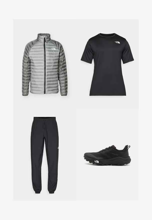 Casaco acolchoado em cinza, com colarinho alto, fecho de zíper completo e uma mistura de texturas suaves e acolchoadas. Logótipo no lado superior esquerdo do peito.; Camiseta preta de manga curta feita de um tecido leve e que absorve a umidade. Apresenta um logo branco no lado esquerdo do peito e um decote redondo.; Calças atléticas pretas feitas de tecido leve, com um cós ajustável por cordão, bolsos laterais e punhos afunilados nos tornozelos.; Sapatilha de trail running preta com um upper texturizado, sola de borracha e biqueira reforçada. Possui um colarinho acolchoado e uma alça para facilitar o calçar.