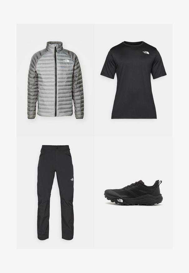 Hallitusjope hallis, millel on kõrge krae, täispikk tõmblukk ja sujuvate ning tikkitud tekstuuride segu. Logo vasakul ülemisel rinnal.; Must räpaseda must t-särk, mis on valmistatud kerge, niiskust eemal hoidvast kangast. Vasakul rinnal on valge logo ja ümar kaelus.; Mustad mustad püksid, millel on lukuga eesmine tasku, sünteetilisest materjalist, kitsenevad jalad ja tugevdatud põlvepaneelid. Omab nööbiga sulgemist.; Must tume jooksujalats musta värvi, tekstuurse ülemise osaga, kummist tallaga ja tugevdatud varbaga. Omab pehmendusega krae ja tõmblinti mugavaks selga panemiseks.