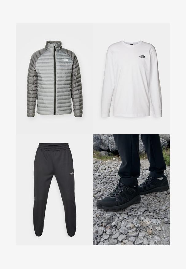 Gevoerde jas in grijs, met een hoge kraag, een volledige rits en een mix van gladde en gequiltte texturen. Logo op de bovenste linkerborst.; Witte lange mouwen T-shirt gemaakt van katoen met een ronde hals. Beschikt over een klein zwart logo op de borst. Soepele textuur, normale pasvorm.; Zwarte sweatpants met een trekkoord in de taille, tapered fit, elastische boorden en een klein wit logo op de linker dij, gemaakt van gladde stof.; Zwarte buitenschoenen van mesh en synthetisch materiaal, met een gestructureerd bovenwerk, een beveiligd vetersysteem en een robuuste zool, op een ruig terrein.