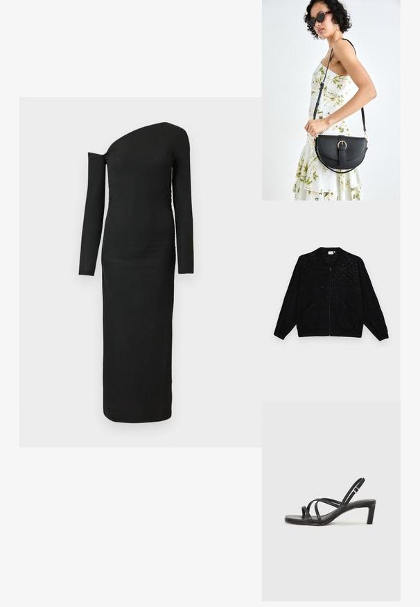 ONLY Carmakoma JOSEE METTA LIFE LS - Bomber tipa jaka - black; Melna, pieguļoša, garām piedurknēm kleita ar asimetrisku izgriezumu un saburzītu sānu detaļu, izgatavota no ribota auduma.; Melnas strappy sandales ar kvadrātveida purngaliem un zemu bloku papēdi. Ievērojamas ar vairākiem plāniem siksniņām un regulējamu potītes siksniņu. Izgatavotas no gludas ādas.; Melnas ādas rokassoma ar izliekta formu, noņemamu siksnu un zelta aksesuāriem. Somai ir vāciņš ar sprādzes detaļu.