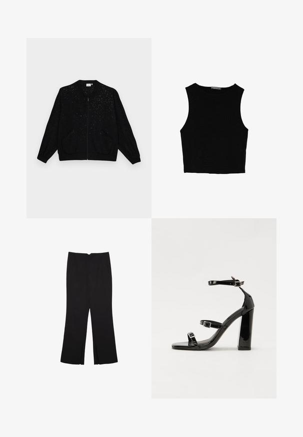 ONLY Carmakoma JOSEE METTA LIFE LS - Bomberjacka - black; Svart ärmlös crop top i mjukt tyg, med rund hals och en ren, enkel design utan mönster eller detaljer.; Svarta byxor med rak passform, utrustade med framfickor och sidoklyvningar vid fållen. Tillverkade av mjukt, slätt tyg. Lämpliga för olika tillfällen.; Svarta lackerade klacksandaler med fyrkantig tå, ankelremmar och silverfärgade spännen. Har en kraftig blockklack för stabilitet.