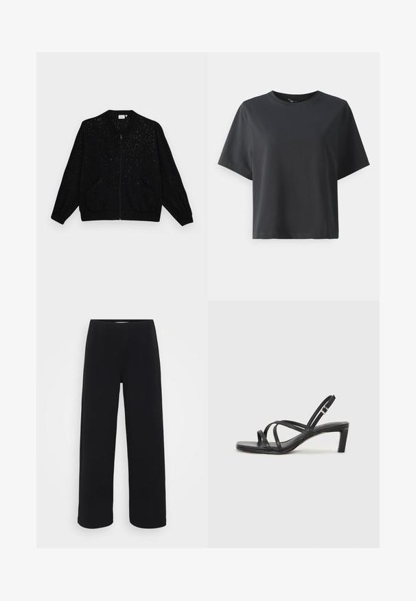 ONLY Carmakoma JOSEE METTA LIFE LS - Bomber jakna - black; Črna bombažna majica, kratki rokavi, krojeni ovratnik, sproščenega kroja, gladka tekstura, preprost dizajn, brez vzorcev ali dodatkov.; Črne široke hlače s elastičnim pasom. Narejene iz teksturiranega materiala, se ponašajo z ohlapnim krojem in ravnim rezom od kolkov do roba.; Črne natikače s trakovi in kvadratnim prstom ter nizkim blokastim peto. Imajo več tankih trakov in nastavljiv trak okoli gležnja. Narejene so iz gladkega usnja.