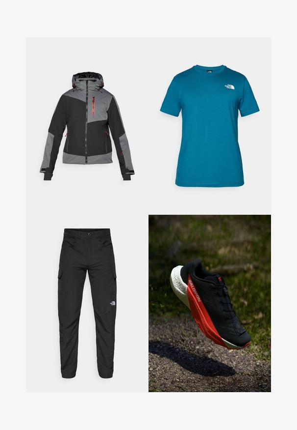 Casaco exterior preto e cinza com fecho zip, capuz ajustável e detalhes em vermelho. Apresenta um design em blocos de cor e múltiplos bolsos com fecho zip.; T-shirt de manga curta em teal, feito de algodão macio, com um logótipo branco impresso no lado esquerdo do peito e um design clássico de gola redonda.; The North Face HORIZON PANT - Calças para exterior - black; Sapatilha de corrida preta com detalhes em vermelho, parte superior de malha leve, sola branca texturizada e sistema de atacadores. Projetada para desempenho e conforto.