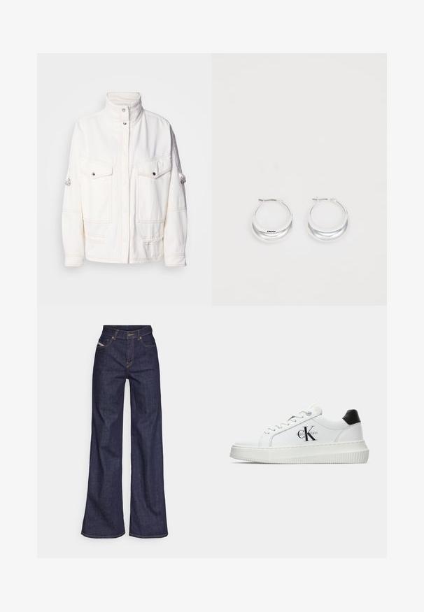Fehér farmerdzseki magas gallérral, két elülső zsebbel, ezüst színű pattintós gombokkal és kontrasztos varrási részletekkel. Lazább szabású.; Fehér pamut póló, amelyen nyomtatott illusztráció látható két nő városi divatstílusban, egy kutyával a zebrán és városi épületekkel a háttérben.; Sötétkék, bő szárú farmernadrág, magas derékkal, narancssárga varrással, öt zsebes kialakítással és gombos zárással.; Fehér alacsony szárú edzőcipő fekete saroktabbal, platform talppal, fűzőkkel és Calvin Klein "CK" logóval az oldalán.; Fényes felületű ezüst karika füli, DKNY márkázással, sima fehér háttér előtt.