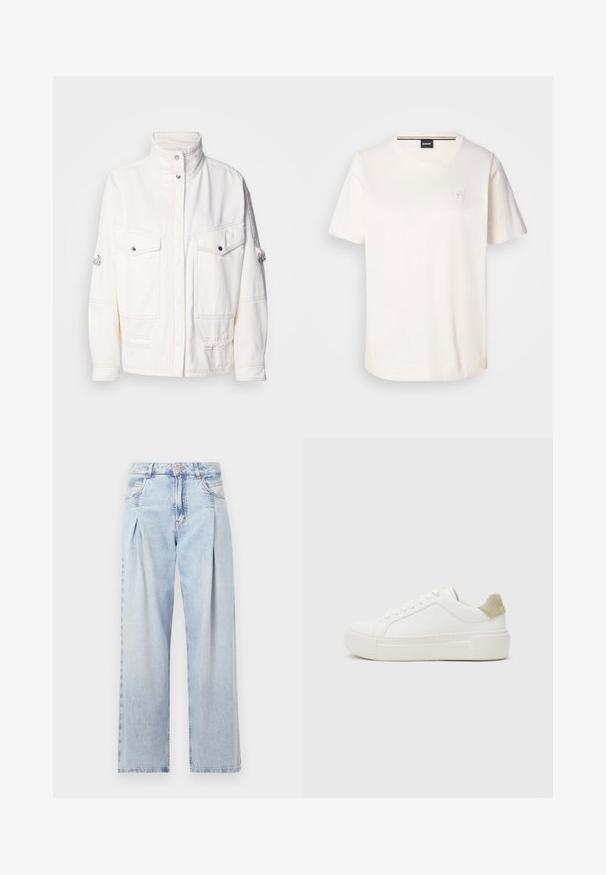 Balta džinsinė striukė su aukštu apykakle, dviem priekinių kišenėmis, sidabriniais mygtukais-užtrauktukais ir kontrastingais siuvinėjimo akcentais. Turi laisvą siluetą.; Balta medvilnės marškinėliai su trumpomis rankovėmis, apykakle iš apvalaus kaklo ir mažu logotipu ant krūtinės. Lygus paviršius ir tiesi apatinė siūlė.; Šviesiai mėlyni džinsai su aukštu liemeniu, plačiomis kojomis, dviem šoninėmis kišenėmis ir raukinių dizainu. Minkšta tekstūra su nudilusia apdaila.; Baltos sportbačiai su lygiu odiniu viršumi, šviesiai pilku aksominiu kulno akcentu ir masyviu baltu guminiu padu. Yra raištelių užsegimas.