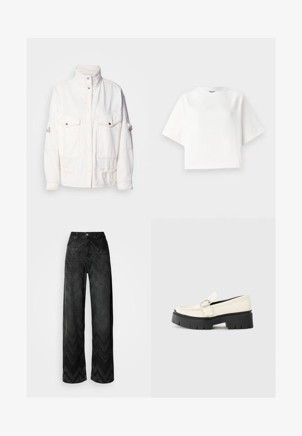 White denim jacket with a high collar, two front pockets, silver snap buttons, and contrasting stitching details. Features a relaxed fit.; White oversized t-shirt with short raglan sleeves, made of soft fabric. Features a subtle logo on the chest and a round neckline.; Wide-leg black jeans with a zigzag texture pattern. Made from denim, featuring a button closure and two front pockets.; White leather loafer with a chunky black platform sole, featuring a rectangular silver buckle and visible stitching detail on the upper.