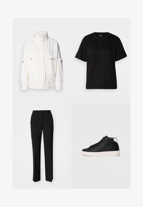 Bela denimska jakna z visokim ovratnikom, dvema sprednjima žepoma, srebrnimi pritrdilnimi gumbi in kontrastnimi šivi. Ima sproščen kroj.; Črna bombažna majica s krožnim izrezom, kratkimi rokavi in izvezenim logotipom na prsih. Preprosta, sproščena silhueta brez vzorcev.; Črne krojene hlače s direktnim krojem, ki se ponašajo z gladko teksturo in ostrimi pregibi spredaj. Ni vidne kovine.; Črne visoke superge iz gladke usnjene kože z belo gumijasto podplatom, ki imajo okrogle vezalke, oblazinjen ovratnik in kontrastni spletni del na peti.