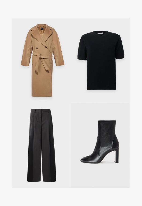 WEEKEND MaxMara RESINA - Klassikaline mantel - cammello; Mustast lühikeste varrukatega kampsun, millel on sooniline ümarsuu kaelus ja ääreosa, valmistatud siledast kootud kangast ning klassikalise, keha lähedase lõikega.; Mustad laiad püksid kõrge vöökohaga, millel on ees voldid, sile tekstuur ja õmmeldud viimistlus. Kujundatud lõdva istuvuse saavutamiseks.; Must musta saapikas sujuva disaini, terava nina ja kõrge plokkkontsaga. Omab siledat tekstuuri ja minimalistikku õmbluse detaljikat.