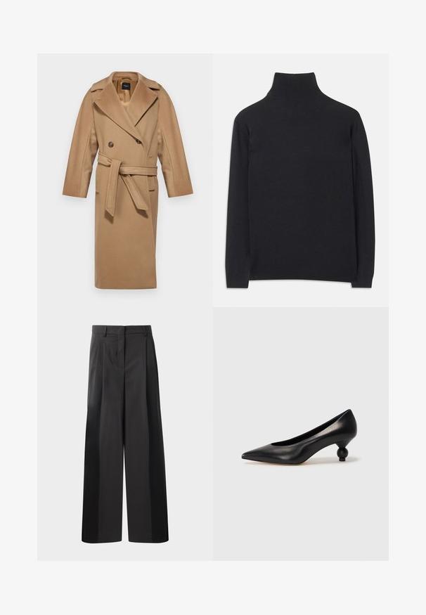 WEEKEND MaxMara RESINA - Classic coat - cammello; Black turtleneck sweater made of soft fabric. Features long sleeves, a high neck, and ribbed cuffs and hem for a fitted look.; Black wide-leg trousers with a high waist, featuring front pleats, a smooth texture, and a tailored finish. Designed for a relaxed fit.; Black leather high heel shoe with a pointed toe and a round, balled heel. Smooth texture with a sleek, minimal design.