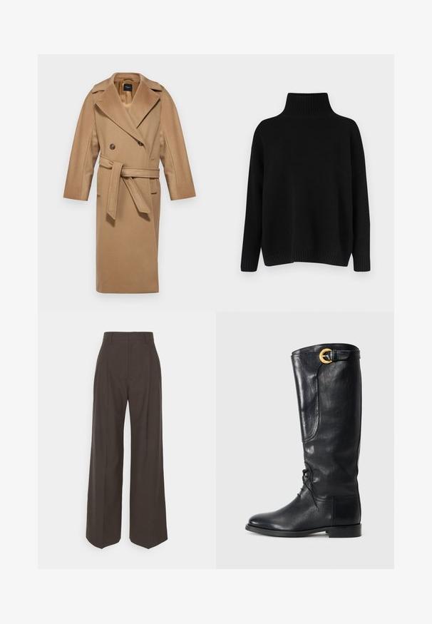 Weekend Max Mara RESINA - Mantel - cammello; Zwarte gebreide trui met een hoge, geribbelde kraag, verlaagde schouders en een ontspannen pasvorm. Voorzien van geribbelde manchetten en zoom voor textuur.; Donkerbruine wijde broek met een hoge taille, voorzien van strak geplooide plooien, een zachte textuur en een op maat gemaakte pasvorm.; Zwarte leren kniehoge laars met een ronde neus, vetersluiting aan de voorkant, zijdetail en een gouden accent gesp aan de bovenkant. Eersteklas afwerking.
