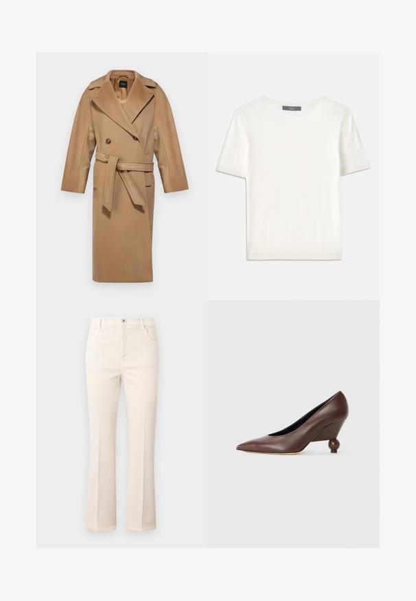 WEEKEND MaxMara RESINA - Abrigo clásico - cammello; Top de punto corto de manga blanca con cuello redondo, que presenta una textura suave y sutiles detalles acanalados en las mangas y el dobladillo.; Jeans beige acampanados de algodón, con cintura alta, cinco bolsillos, cierre de botón y detalles de costura sutiles.; Zapato de cuña de piel marrón con punta afilada y tacón redondeado en forma de bola. Textura suave con un diseño sencillo y acentos mínimos.