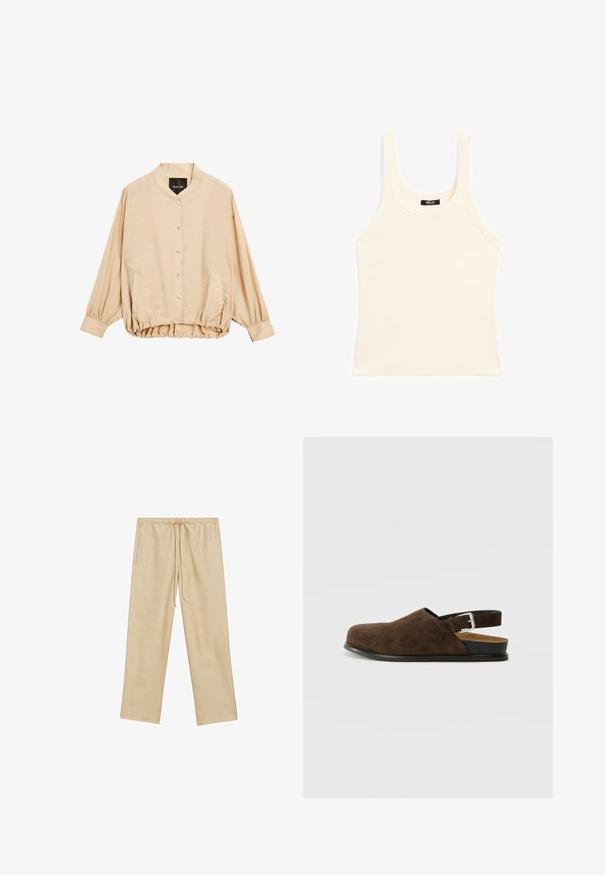 Massimo Dutti LOOSE-FITTING WITH DRAWSTRING DETAIL - Bomberjacks - beige; Lichtbeige tanktop gemaakt van ribgebreide stof, met een ronde halslijn en dikke bandjes, in een aansluitende pasvorm en met minimale details.; Lichtbeige, loszittende broeken met een elastische tailleband en trekkoord. Bevat twee zijzakken en heeft een gladde textuur.; Bruin suède instapper met een lage hak, een verstelbare band met een zilveren gesp en een zwarte rubberen zool.