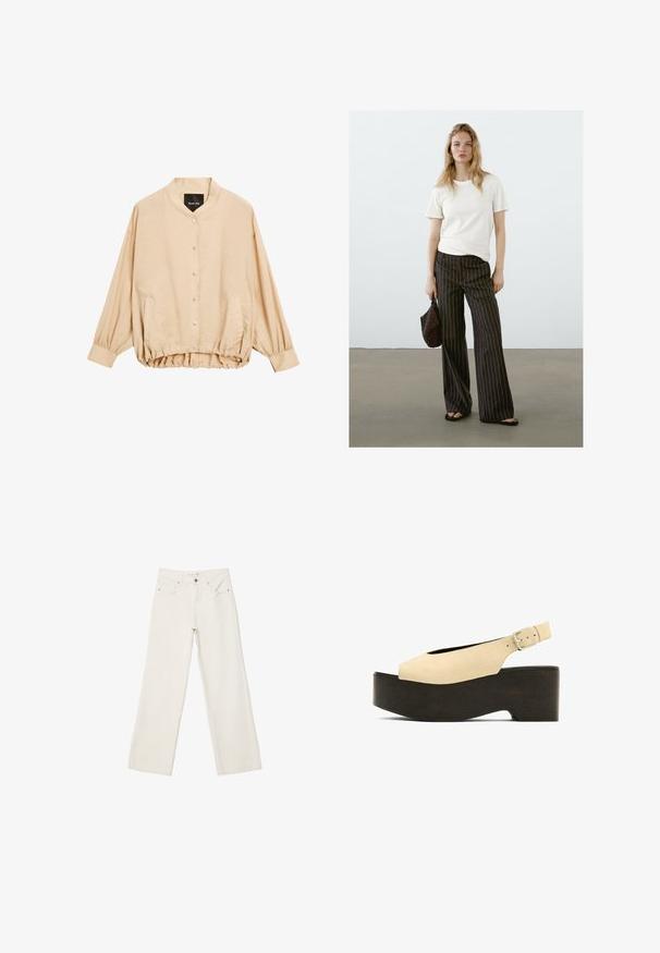 Massimo Dutti LOOSE-FITTING WITH DRAWSTRING DETAIL - Bomberjacke - beige; Helles beige T-Shirt mit Rundhalsausschnitt, kombiniert mit dunkel gestreiften, weit geschnittenen Hosen. Mit einer schwarzen Perlenhandtasche und flachen Sandalen accessorized. Glatte Textur.; Weiße lässige Jeans aus Denim mit hochgeschnittenem Bund, Fronttaschen und Knopfverschluss. Schlichtes Design mit minimalen Akzenten.; Beige Wildledersandalen mit Plateau, offenen Zehen, Slingback-Design und einem dunklen, holzähnlichen Fußbett, ausgestattet mit einer Metall-Schnalle zur Anpassung.