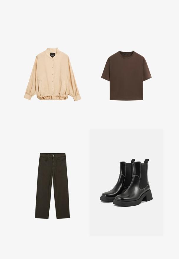 Massimo Dutti - Kurtka Bomber; Brązowa bawełniana koszulka, krótki rękaw, okrągły dekolt, luźny fason, gładka tkanina, minimalistyczny design, bez widocznych wzorów czy akcentów.; Ciemnozielone spodnie dżinsowe typu wide-leg wykonane z mieszanki bawełny, z zamkiem na guzik z przodu, pięcioma kieszeniami i klasycznym przeszyciem dżinsowym.; Czarne skórzane botki Chelsea na mocnej podeszwie, z elastycznymi panelami bocznymi i kontrastującym białym ściegiem. Teksturowane wykończenie.