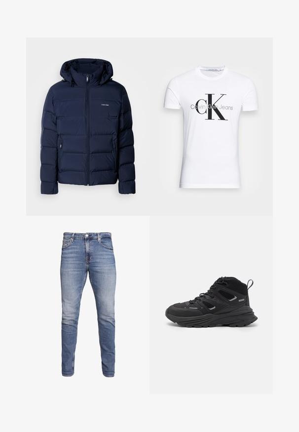 Marineblå dunjakke med hette, med hel glidelås, to sidelommer og sydde paneler for isolasjon. Diskret logo på brystet.; Hvit bomull T-skjorte med svart "CK" logo og "Calvin Klein Jeans" tekst, korte ermer og klassisk rund hals.; Blå tettsittende jeans med fem lommer, falmet vask, knappelukking og beltehemper, vist mot en hvit bakgrunn.; Sorte tursko med en lagdelt design, teksturert stoff og gummisåle, med forsterkede områder og snøring foran.