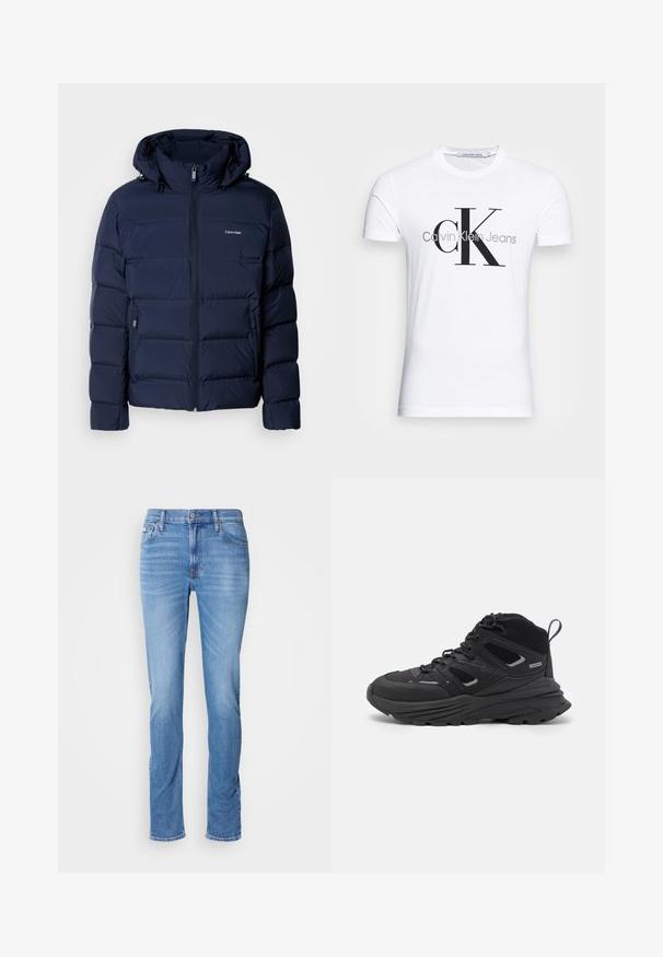 Tummansininen puhvijakku, jossa on huppu, täysimittainen vetskari, kaksi sivutaskua ja ommeltuja paneeleita eristyksen lisäämiseksi. Huomaamaton logo rinnassa.; Valkoinen puuvillateeppari, jossa on musta "CK"-logo ja "Calvin Klein Jeans" -teksti, lyhyet hihat ja klassinen pyöreä kaula-aukko.; Vaalean siniset slim-fit farkut, joissa on etuvetoketju ja nappikiinnitys, viisi taskua sekä hienovarainen haalistuminen reisiä ja polvia kohdalla.; Mustia vaeltajakenkiä, joissa on kerroksellinen muotoilu, teksturoitu kangas ja kumipohja. Kenkien vahvistettuja alueita ja nauhakiinnitys edessä.