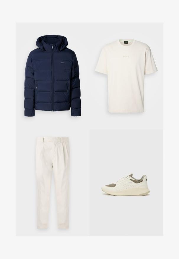 Tamsiai mėlynas pūkų striukė su kapuce, turinti pilną užtrauktuką, dvi šonines kišenes ir siūtas panele izoliacijai. Diskretiška logo ant krūtinės.; BOSS TEE - Paprasti marškinėliai - open white; Balti, susiūtos kelnes, turinčios pritaikytą siluetą, pasižyminčias lygia tekstūra, dirželio kilpomis ir siaurėjančiomis kojomis. Nėra matomų kišenių ar raštų.; Baltas ir šviesiai bežinis sportinis kedas, su tinklo viršumi, perforuotais detalėmis ir tekstūruotu tarpine su logotipu ant kulno.