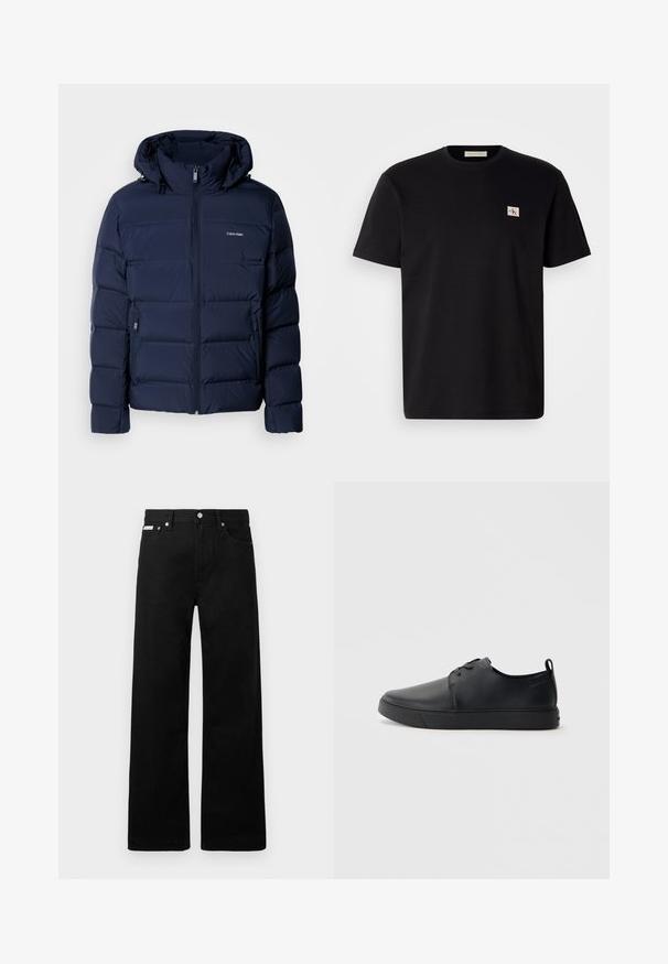 Modra puffasta jakna z kapuco, ki ima poln zadrgo, dva stranska žepa in šivane panele za izolacijo. Diskreten logo na prsih.; Črna bombažna majica s kratkimi rokavi, okroglim izrezom in majhnim vezenim logotipom na levem prsnem delu. Gladka tekstura, običajen kroj.; Črne jeans hlače širokega kroja, z petimi žepi in kovinskimi gumbi. Gladka tekstura, brez vidnih vzorcev.; Črne usnjene športne čevlje z gladko površino, okroglo oblikovano nosilo, toniranim šivanjem, vezanjem spredaj in ravnim gumijastim podplatom. Zanko na peti.