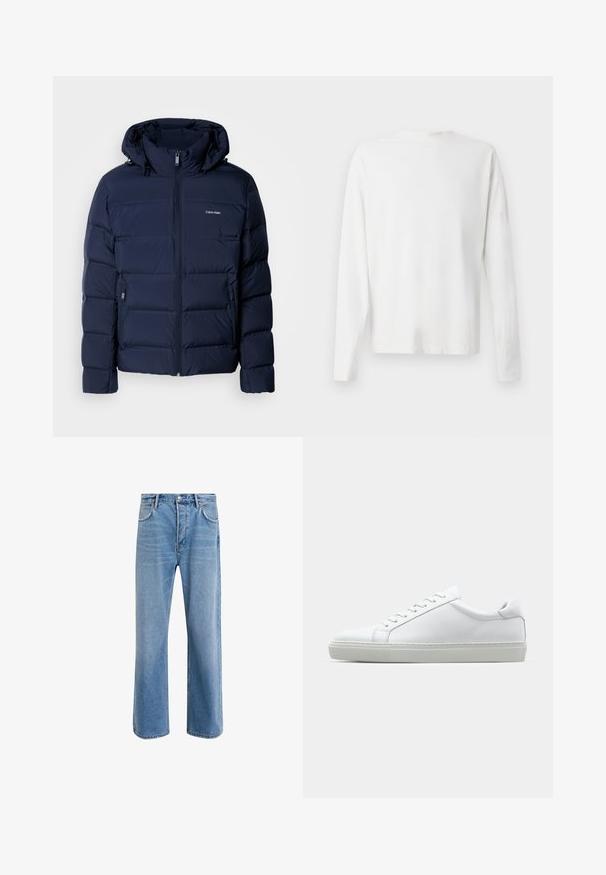 Navy blue puffer jacket with a hood, featuring a full zipper, two side pockets, and stitched panels for insulation. Subtle logo on chest.; Long-sleeved white cotton shirt with a round neckline, side slits at the bottom, and a smooth texture, displayed from the back.; Light blue denim jeans with a straight-leg design, five pockets, button closure, minimal fading, and contrasting stitching details.; White sneaker with a smooth leather upper and a low profile. Features a rounded toe, six eyelets, and a textured rubber sole.