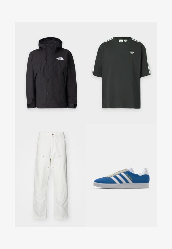 Crna vodootporna jakna s kapuljačom, koja ima zatvaranje na patentni zatvarač, gumbe i brendirani logotip na prsima. Ima podesive manžete i glatku teksturu.; Crna pamučna majica kratkih rukava, s okruglim izrezom i bijelim detaljima u obliku triju pruga na ramenima. Na prsima se nalazi mali bijeli logotip.; Bijele pamučne cargo hlače s opuštenim krojem. Značajke uključuju prednje džepove, zlatne detalje i ojačane dijelove koljena.; adidas Originals ADIDAS GAZELLE SHOES - Dvoranske nogometne kopačke - real madrid/bluebird/footwear white/crew yellow