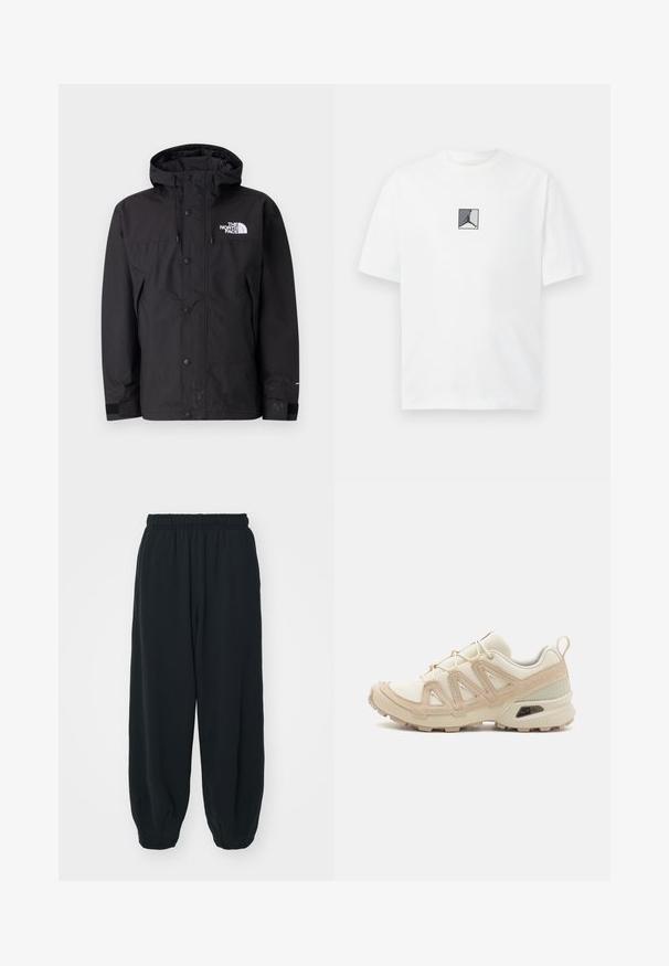 Mustan veekindel jakk, millel on kapuuts, tõmblukuga ja nuppudega kinnitamine ning brändi logo rinnal. Tootel on reguleeritavad mansetid ja sile tekstuur.; Valge puuvillane T-särk, millel on keskel must ja hall logo graafika. Klasikaline ümmargune kaelus ja lühikesed varrukad, millel on mugav lõige.; Mustade elastse vöökoha ja laia lõikega dressipüksid, mansetiga sääred, sile tekstuur ning ilma nähtavate mustrite või detailideta.; Beež ja koobalti spordijalats tekstureeritud võrkkattega, toetavad ülemised kihid ja kummist tallaga, millel on mustriga joonistus haardeks.