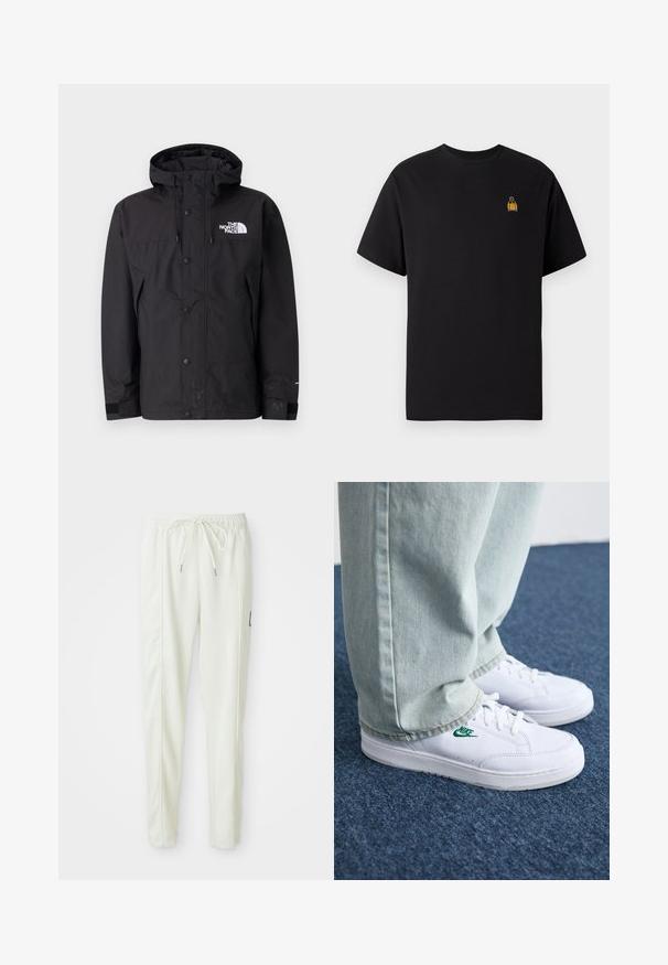 Black waterproof jacket with a hood, featuring a zip closure, buttons, and branded logo on the chest. Has adjustable cuffs and a smooth texture.; Black cotton t-shirt with short sleeves, crew neck, and a small yellow embroidered design on the left chest area.; White slim-fit jogger pants with elastic waistband and drawstring, featuring side seam detailing and a small black patch on the right leg.; White leather sneakers with green Nike logo, round toe, flat sole, paired with light blue denim pants, shown on a blue carpet.