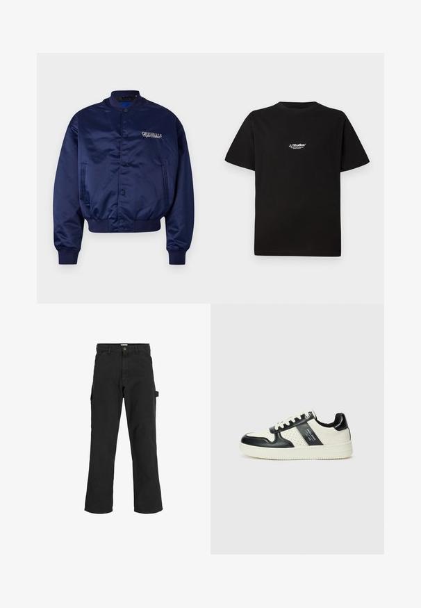 Jachetă bomber din satin bleumarin, cu închidere prin butoane, manșete și tiv ribbord. Prezintă brodarea "ORIGINALS" în bej deschis pe piept.; Tricou din bumbac negru cu guler rotund și mâneci scurte. Prezintă un logo alb "JJ Studios" în zona superioară a pieptului.; Pantaloni cargo negri dintr-un amestec de bumbac. Au picioare largi, buzunare frontale înclinate și un buzunar lateral cu un laț pentru accesorii.; Tenisi din piele cu un scheme de culori negru și crem, dotati cu accente perforate, guler căptușit și o talpă texturată.