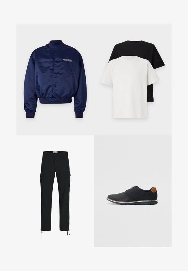 Navy satin bomber jacket with a snap button front, ribbed cuffs, and hem. Features "ORIGINALS" embroidered in light beige on the chest.; Cotton t-shirt set featuring a black top and a white top, both with short sleeves, round neckline, and standard fit. Textured fabric.; Black cargo pants with a straight cut, featuring side pockets, a button closure, and elastic drawstrings at the ankles. Made from durable fabric.; Black synthetic shoes with a textured upper, smooth accents, brown heel, and a contrasting sole. Features minimal lacing and stitch details.