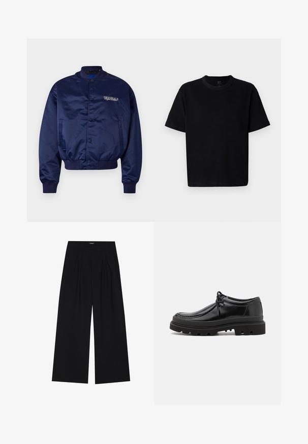 Marineblaues Satin-Bomberjackett mit Druckknopfverschluss, gerippten Bündchen und Saum. Mit "ORIGINALS" in hellbeige auf der Brust bestickt.; Schwarzes Baumwoll-T-Shirt mit Rundhalsausschnitt, kurzen Ärmeln und geradem Schnitt. Minimale Nähte und eine weiche, glatte Textur.; YOURTURN UNISEX - Stoffhose - black; Schwarze Leder-Derby-Schuhe mit einem eleganten Design, runder Zehenpartie und rutschfester Gummisohle mit tiefen Rillen für besseren Halt.