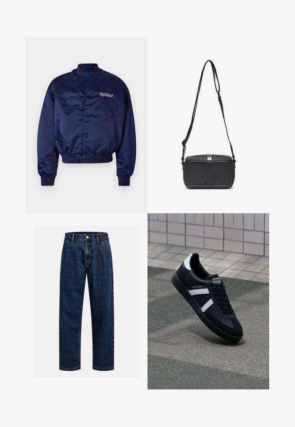 Navy satin bomber jacket with a snap button front, ribbed cuffs, and hem. Features "ORIGINALS" embroidered in light beige on the chest.; Cream cotton t-shirt with short sleeves and a crew neckline. Features a graphic print in blue and red with text and a motif.; Dark blue denim jeans with a straight-leg design. Features visible stitching, a button closure, and front pleats for added detail.; Black leather sneaker with white stripes, textured rubber sole, and lace-up front. Features a branded label on the tongue.; Black leather crossbody bag with a zip closure, embossed logo on the front, and adjustable strap. Smooth texture with a rectangular shape.