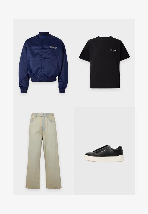 Navy satin bomber jacket with a snap button front, ribbed cuffs, and hem. Features "ORIGINALS" embroidered in light beige on the chest.; Black cotton t-shirt featuring a crew neckline, short sleeves, and small white logo text on the left chest. Simple design, classic fit.; Light blue wide-leg jeans made of denim with a faded finish. Features five pockets and a front button closure.; Black slip-on sneaker with textured leather upper, white rubber sole, and no visible laces. Features brand logo on the side.