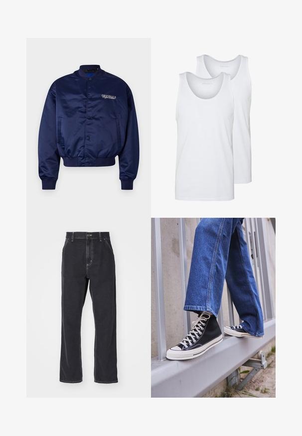 Marineblå satin bomberjakke med trykknappfront, ribbestrikkede mansjetter og nederkant. Har "ORIGINALS" brodert i lysebeige på brystet.; Hvit bomullstopp med rund hals, med en glatt tekstur. To stykker vist, merket "PIER ONE."; Svarte denimjeans med rett benkutt, med glidelås i front, fem lommer og kontrastsømmer langs sømmene.; Svarte høy-hælte joggesko med hvit såle og snøring, paired med løse blå denim-jeans, hvilende på et grått rekkverk.