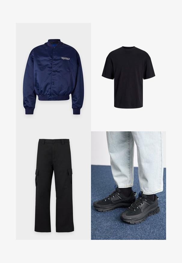 Mornarica saten bomber jakna s prednjim kopčanjem na dugmad, rebrastim manžetama i rubom. Sadrži izvezeno "ORIGINALS" u svijetlo bež boji na prsima.; Crna pamučna majica s okruglim izrezom, kratkim rukavima i opuštenim krojem. Glatka tekstura bez vidljivih uzoraka ili dekoracija.; Crne cargo hlače ravnog kroja. Izrađene od izdržljivog materijala, s dva bočna džepa s preklopima i zaštitnim gumbom.; Crne atletske cipele s teksturiranom tkaninom i gumene potplate, s elastičnim vezicama i plavim akcentom na peti. Nosene su s svijetlim trapericama.