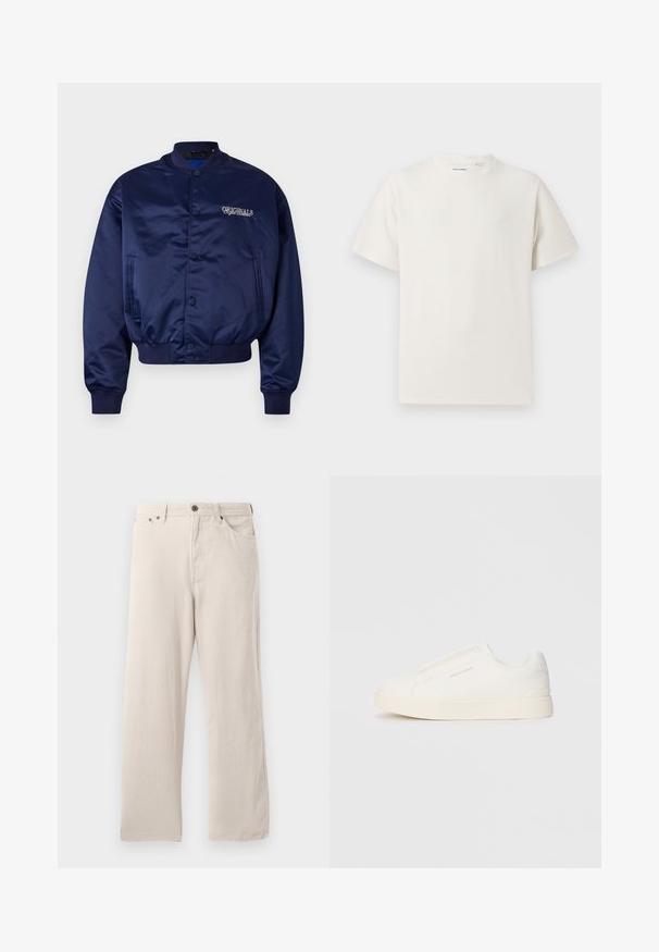 Granatowa satynowa kurtka bomberka z przodem na zatrzaski, ściągaczami przy rękawach i u dołu. Na piersi wyszyte słowo "ORIGINALS" w jasnym beżu.; Biała krótka koszulka z krótkim rękawem o żebrowanej fakturze. Okrągły dekolt, luźny krój, brak widocznych wzorów lub akcentów. Prosty i uniwersalny design.; Beżowe spodnie kordrowe o prostym kroju, z prążkowaną teksturą, pięcioma kieszeniami i zapięciem na guziki.; Białe sneakersy wsuwane z teksturowanej powierzchni, grubą podeszwą i minimalistycznym designem. Zawierają logo marki z boku.
