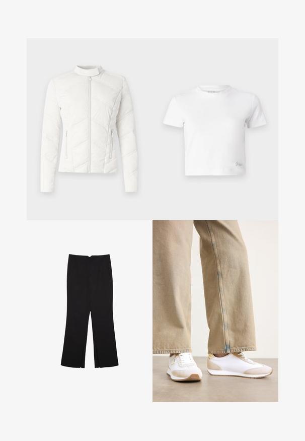Valkoinen tikattu takki, jossa on pystykaulus, etuvetoketju ja kaksi sivutaskua. Sisältää vinoa ompelua ja sileän tekstuurin.; Valkoinen lyhytcropattu t-paita, joka on valmistettu sileästä puuvillasta. Siinä on korkea kaula-aukko ja lyhyet hihat. Pienessä alakulmassa on brodeerattu logo.; Mustat housut suoralinjaisella leikkauksella, joissa on etutaskut ja sivurei'ät helman alla. Valmistettu pehmeästä ja sileästä kankaasta. Sopii eri tilaisuuksiin.; Valkoiset tennarit, joissa on beige mokkasuusivustus, litteä nauhakiristys ja kumipohja, yhdistettynä vaaleanbeigeihin suoriin farkkuihin.