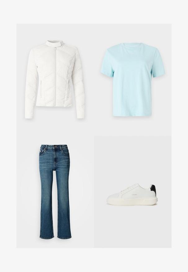 Hvid quiltet jakke med opretstående krave, frontlynlås og to sidelommer. Har diagonal syning og glat tekstur.; Lyseblå bomulds-t-shirt med korte ærmer, rund hals og diskret 'Calvin Klein' broderet logo på forsiden.; Højtaljede blå jeans lavet af denim, med lige ben design, subtil fading, og en standard knap- og lynlås lukning.; Hvid sneakers med en glat læderoverdel, rund tå, snørelukning og en kontrasterende sort hælaccentside. Har en tekstureret gummisål.