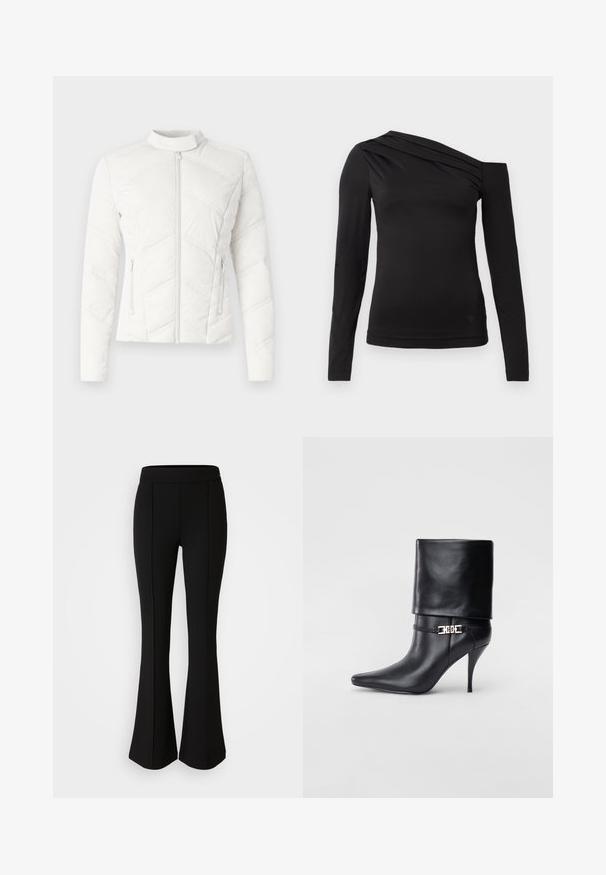 Biała pikowana kurtka z kołnierzem stojącym, z przodu na zamek błyskawiczny i dwoma kieszeniami bocznymi. Posiada skośne przeszycia i gładką teksturę.; Czarny top z długim rękawem o asymetrycznym dekolcie, z jednym odsłoniętym ramieniem i delikatnym drapowaniem na klatce piersiowej.; Czarne spodnie dzwony z elastycznego materiału o gładkiej strukturze, z detalami szwów z przodu dla dodatkowego stylu.; Czarne skórzane botki za kostkę z ostrym noskiem, wysokim obcasem w kształcie stiletto, z załamanym mankietem oraz złotym dekoracyjnym zapięciem na kostce.