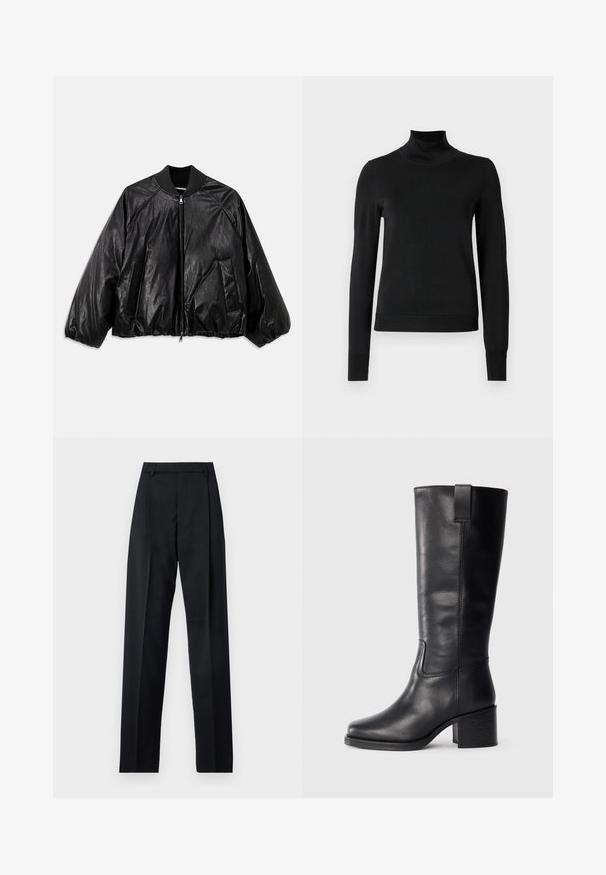 Sort læder bomberjakke med ribbestrikket krave, elastiske ærmer, frontlommer og lynlåslukning. Har en let blank tekstur.; Sort langærmet turtleneck sweater med ribbede manchetter og kant, vist på en simpel hvid baggrund.; Sorte bukser lavet af glat stof, der har høj talje, brede ben, frontfolder og klassiske bælteløkker. Ingen synlige sidelommer.; Sorte læderknæhøje støvler med en glat tekstur, firkantet tå, blokhæl og sideløkke, der har minimale syninger.