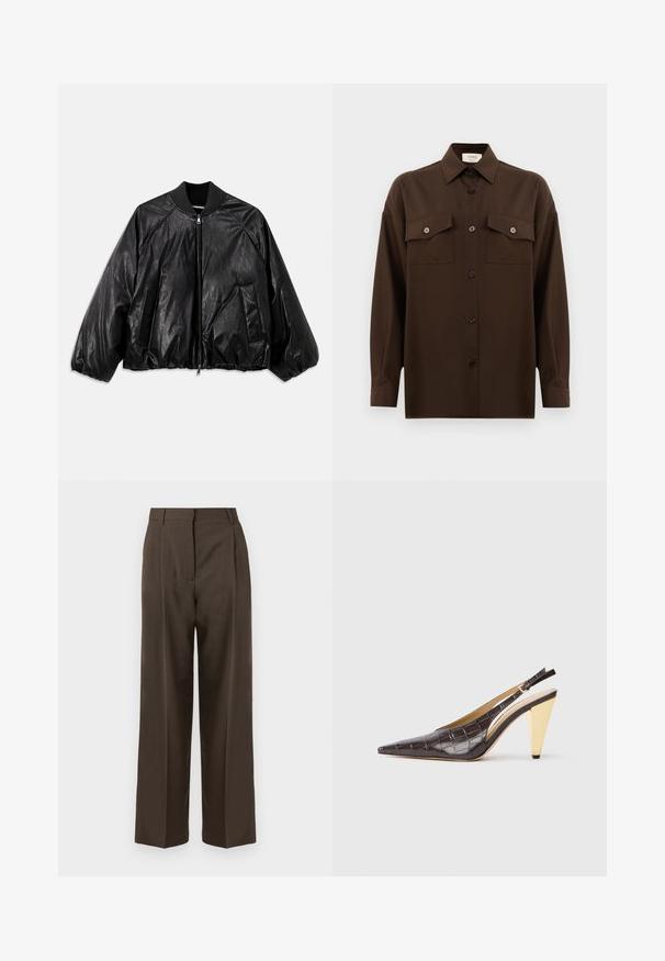 Giubbotto bomber in pelle nera con colletto a coste, polsini elastici, tasche frontali e chiusura con cerniera. Presenta una texture leggermente lucida.; Camicia marrone scuro a maniche lunghe con bottoni, dotata di due tasche a pattina sul petto e colletto classico, mostrata su uno sfondo bianco uniforme.; Pantaloni larghi marroni con una superficie liscia, dotati di vita alta, pince frontali e un design sartoriale. Nessuna tasca visibile o decorazioni.; Tacco slingback a punta in ecopelle lucida effetto coccodrillo marrone scuro. Caratterizzato da un tacco geometrico in tonalità oro e da una cinghia alla caviglia regolabile.
