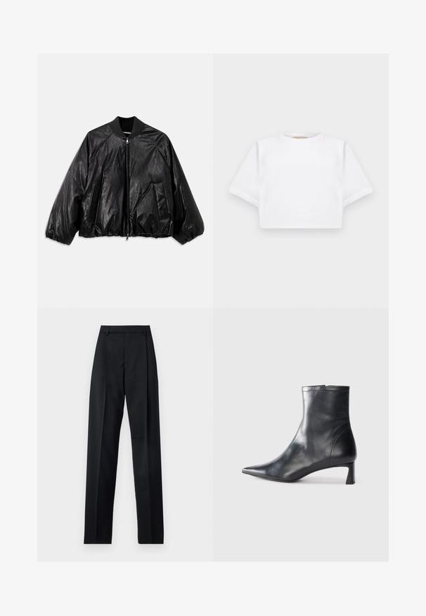 Zwarte leren bomberjack met een geribde kraag, elastische manchetten, voorzakken en een ritssluiting. Beschikt over een licht glanzende textuur.; Gemiddelde witte T-shirt gemaakt van zachte stof, met korte mouwen, een ronde halslijn en geribbelde zoomdetails. Eenvoudig en ongecompliceerd ontwerp.; Zwarte broek gemaakt van gladde stof met een hoge taille, wijde benen, voorplooien en klassieke ceintuurlussen. Geen zijzakken zichtbaar.; Zwarte leren enkellaars met een spitse neus en een slank ontwerp. Heeft een lage hak en een ritssluiting aan de achterkant. Gladde textuur.