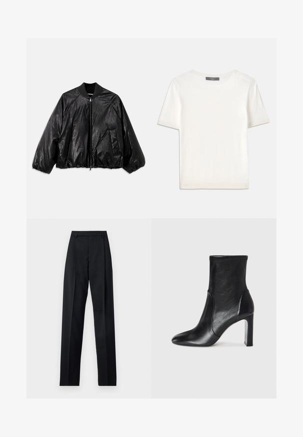 Jaqueta bomber de couro preto com colarinho canelado, punhos elásticos, bolsos frontais e fecho de correr. Apresenta uma textura ligeiramente brilhante.; Top de malha branco, de mangas curtas, com decote redondo, apresentando uma textura suave e discretos realces canelados nas mangas e na barra.; Calças pretas feitas de um tecido suave, com uma cintura alta, pernas largas, pregas frontais e passadores de cinto clássicos. Não há bolsos laterais visíveis.; Bota de tornozelo em couro preto com um design elegante, bico pontudo e um alto salto bloco. Apresenta uma textura suave e um detalhe de costura minimalista.