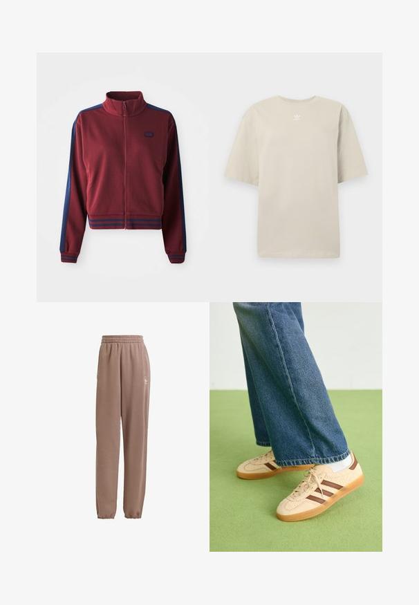 Bordeaux värvi tõmblukuga jakki kõrge krae, tumesinised külgpaneelid ja triibulised aktsendid mansettide ja vöökoha juures. Pehme, tekstuuriga kangas.; Beež lühikeste varrukatega t-särk, valmistatud puuvillast, ümara kaelusega ja väikese valge Adidas logo rinnale trükitud. Pehme tekstuur, lõdvestunud istuvus.; Pruunid dressipüksid, mis on valmistatud pehmest kangast. Neil on elastne vöökoht, küljetaskud ja elastsed ääred ning valge logo aktsent.; Beežid spordijalatsid tekstuursete kreemjatest paneelidest ja pruunidest triipudest, koos siniste denim pükstega. Püksid on avara säärega ja narmendava äärega.
