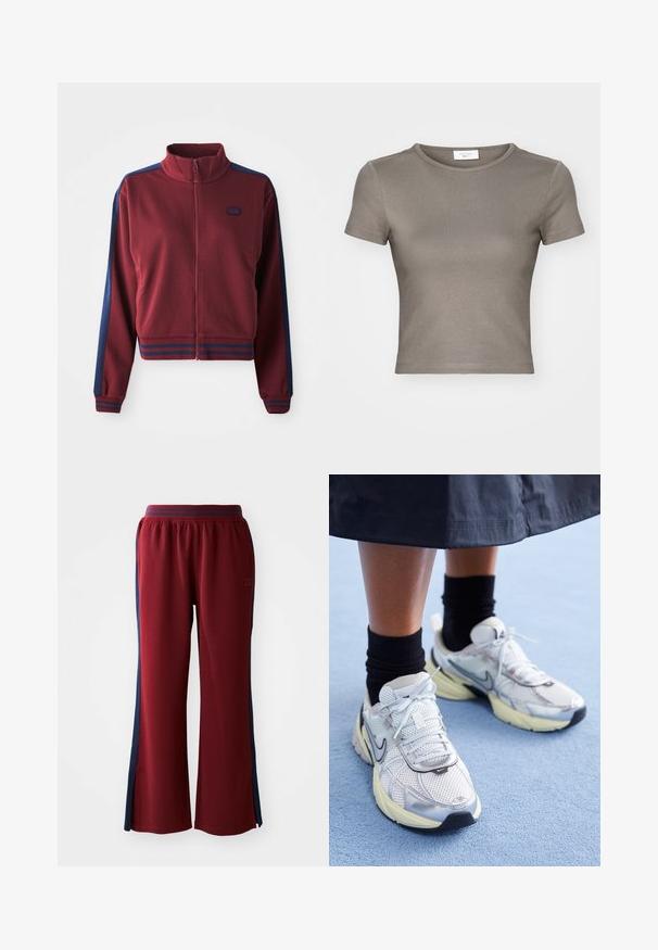 Maroon zip-up jacket with high collar, navy blue side panels, and striped accents at the cuffs and waistband. Soft, textured fabric.; Short-sleeve, crew-neck T-shirt in taupe, made from smooth cotton. Features a fitted design and fine stitching along the hem and sleeves.; Red sweatpants with a loose fit, featuring navy blue side stripes and a wide leg design. Elastic waistband for comfort.; White and silver Nike sneakers with mesh fabric, reflective accents, and a beige sole. Worn with black socks, standing on a blue surface.