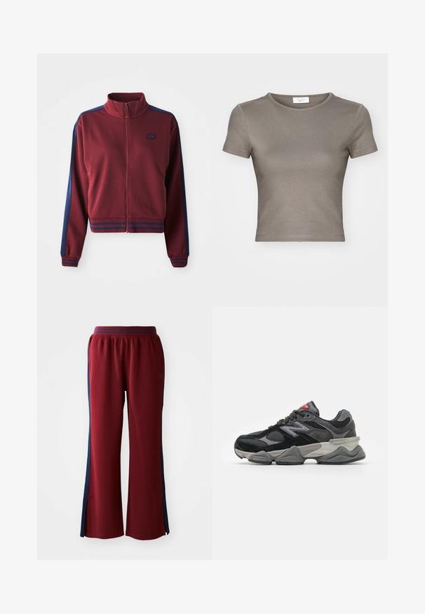 Burgunderfarget glidelåsjakke med høy krage, marineblå sidepaneler og stripete detaljer ved mansjettene og livet. Myk, strukturert stoff.; Kortermet T-skjorte med rund hals i taupe, laget av glatt bomull. Har en tettsittende design og fine sømmer langs kanten og ermene.; Røde joggebukser med løs passform, med marineblå sidelister og en bred ben-design. Elastisk liv for komfort.; Svarte og grå joggesko med en blanding av semsket skinn og mesh-materialer, tykk såle, fremtredende logo, og rød detalj på tungen.